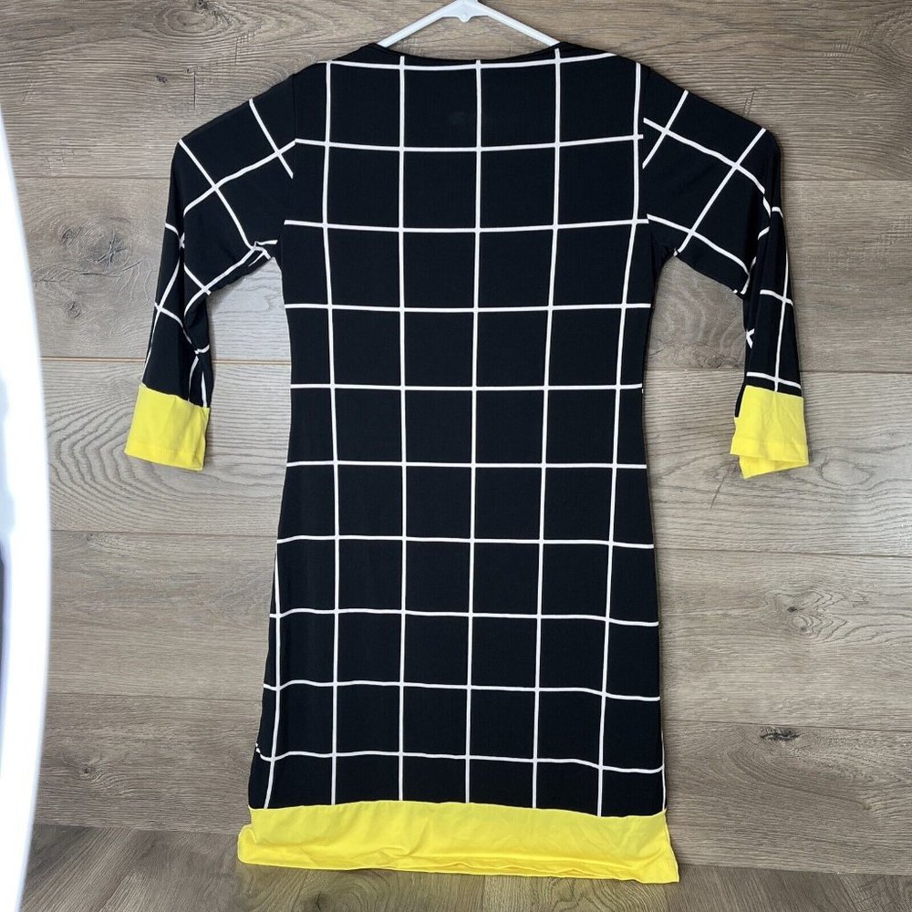 Enfocus Studio Dress Womens 8 Black White Squares Yellow Cuff & Hem Knee Length - Picture 6 of 8